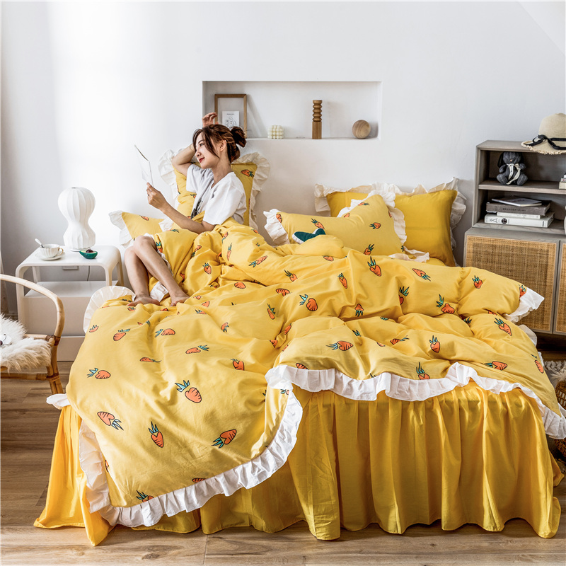 2019新款-韩式床裙少女公主风四件套 床单款四件套1.5m（5英尺）床 二次元 黄