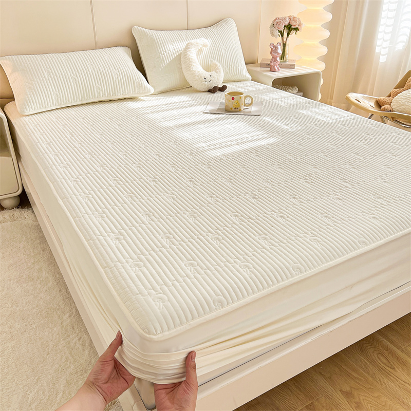2024新款A类牛奶棉大豆夹棉床笠床罩床垫保护套 90cmx200cm 小蘑菇-浅米白