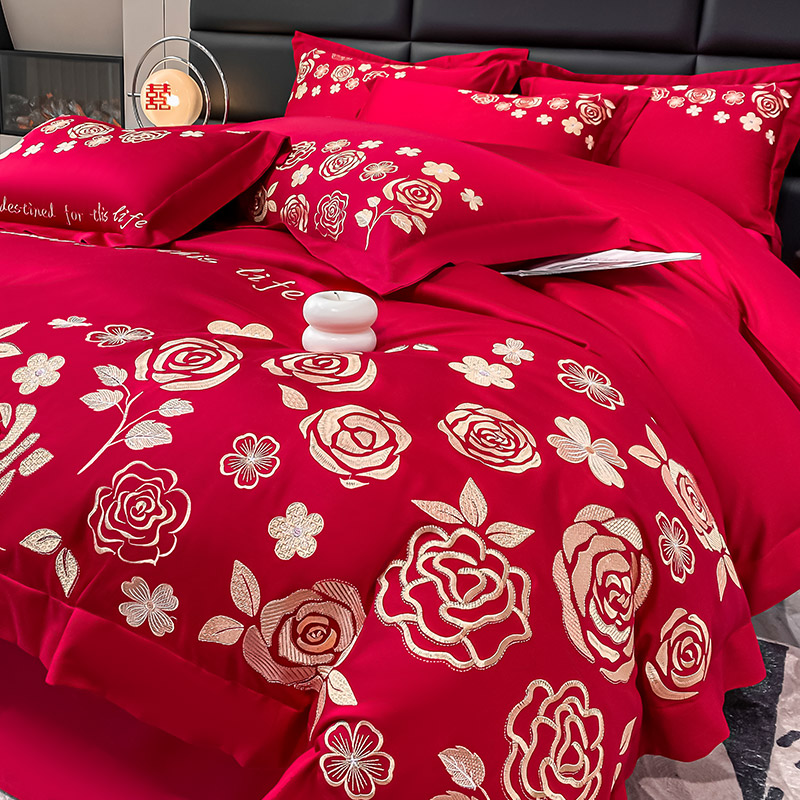 60支长绒棉婚庆四件套大红色结婚新疆棉喜庆床单被套简约纯色重工刺绣床上用品 1.8m（6英尺）床 玫瑰情缘-喜庆红