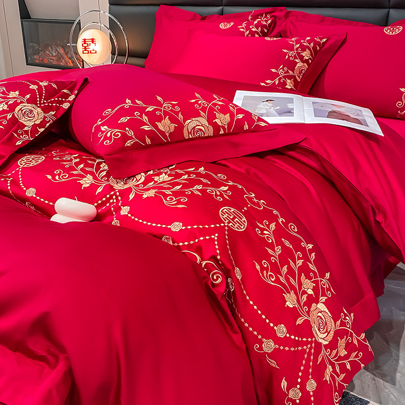 60支长绒棉婚庆四件套大红色结婚新疆棉喜庆床单被套简约纯色重工刺绣床上用品 1.8m（6英尺）床 喜结连理-喜庆红