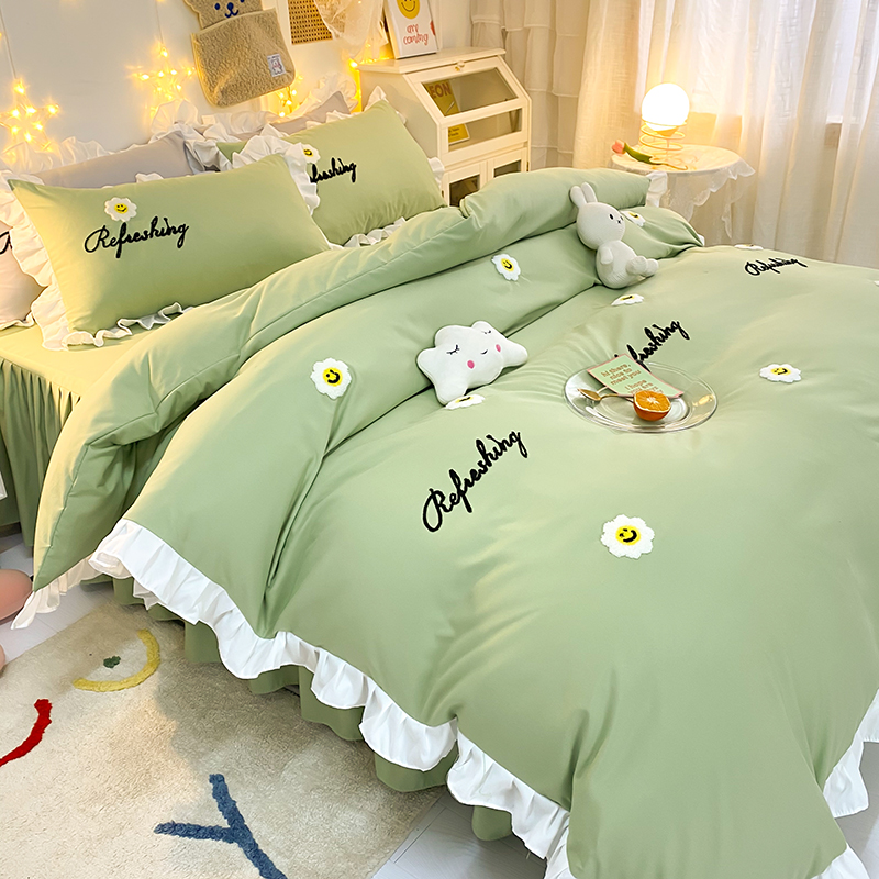 2021新款亲肤磨毛四件套-太阳花系列 1.8米床四件套床单款 太阳花-清新绿