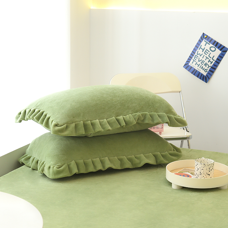 2022新款牛奶绒单品枕套+单品床笠系列-单枕套 花边枕套一对（48*74cm） 草绿