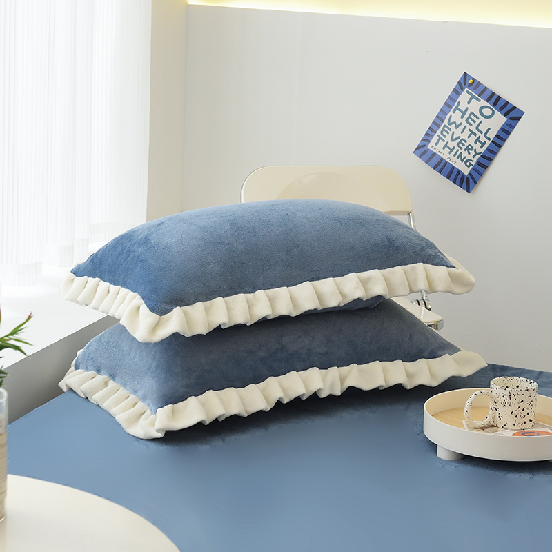 2022新款牛奶绒单品枕套+单品床笠系列-单枕套 花边枕套一对（48*74cm） 宾利蓝（撞色）