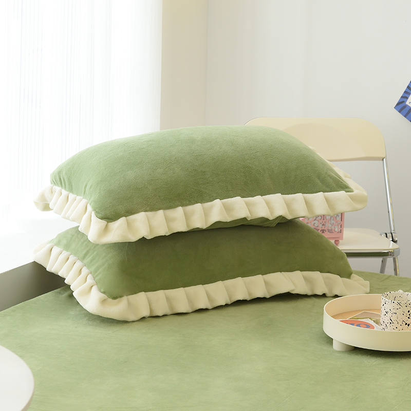 2022新款牛奶绒单品枕套+单品床笠系列-单枕套 花边枕套一对（48*74cm） 草绿（撞色）