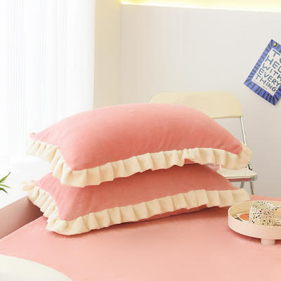 2022新款牛奶绒单品枕套+单品床笠系列-单枕套 花边枕套一对（48*74cm） 粉玉（撞色）