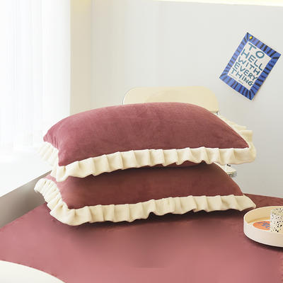 2022新款牛奶绒单品枕套+单品床笠系列-单枕套 花边枕套一对（48*74cm） 酒红（撞色）