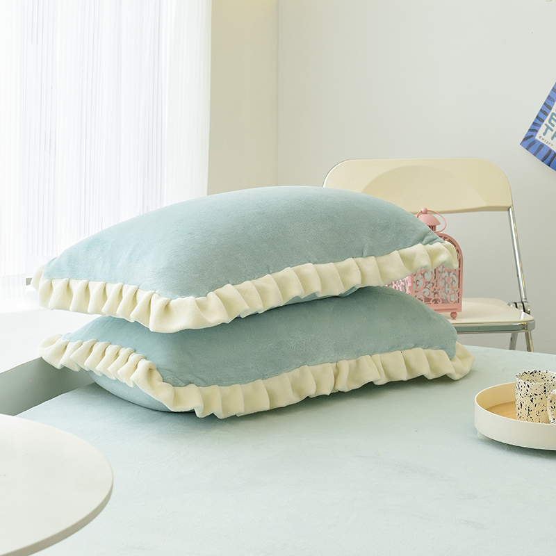 2022新款牛奶绒单品枕套+单品床笠系列-单枕套 花边枕套一对（48*74cm） 浅蓝（撞色）