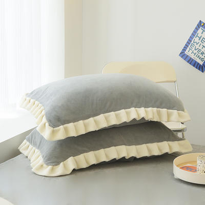 2022新款牛奶绒单品枕套+单品床笠系列-单枕套 花边枕套一对（48*74cm） 烟灰（撞色）