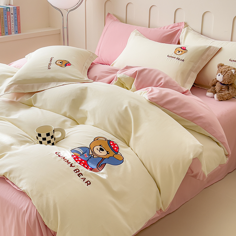 2025新款13372全棉刺绣四件套-可可熊系列 可可熊-米+藕粉