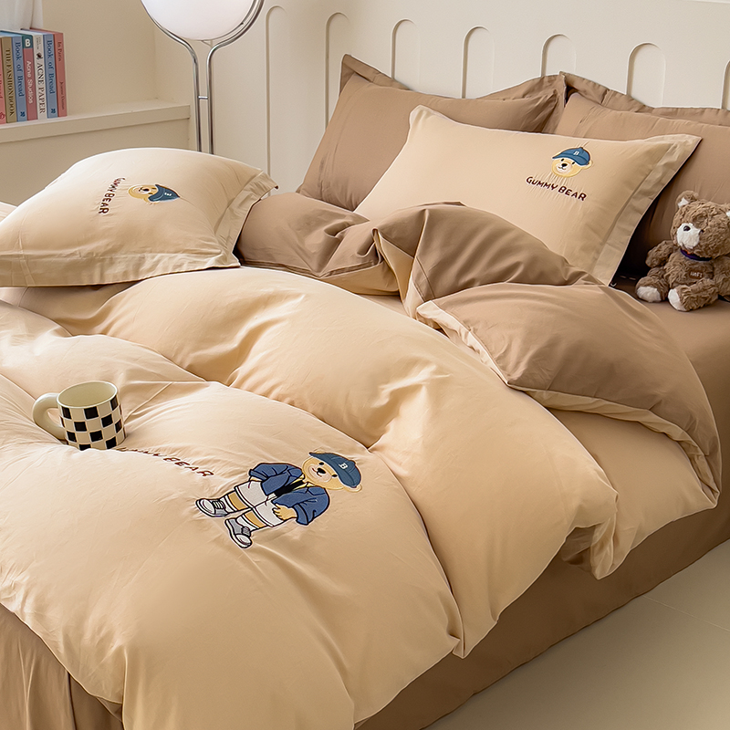 2025新款13372全棉刺绣四件套-可可熊系列 可可熊-奶茶可可