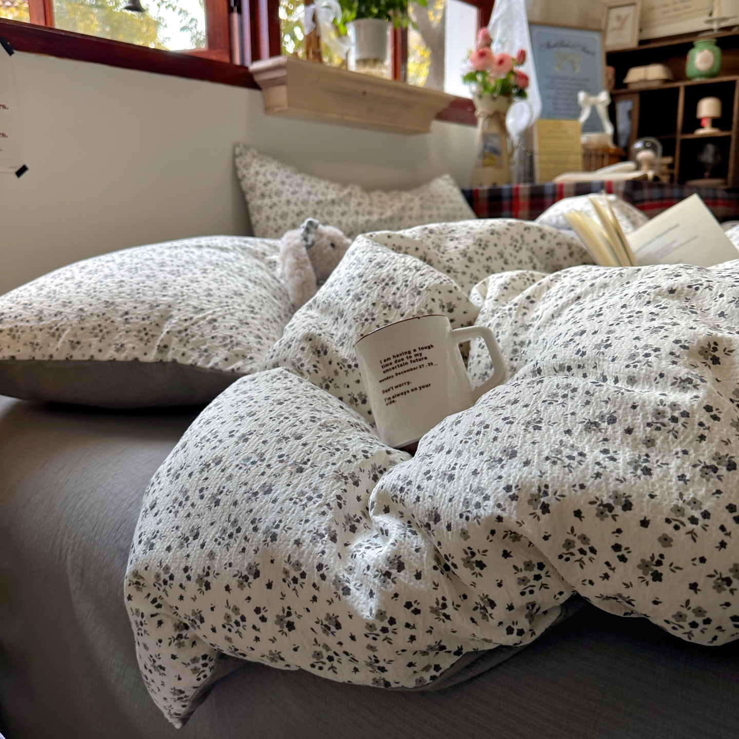 2026新款日韩系复古印花小碎花软糯贴肤慵懒伴眠超治愈的床单床笠款四件套（专版花型） 小印-松月间-米