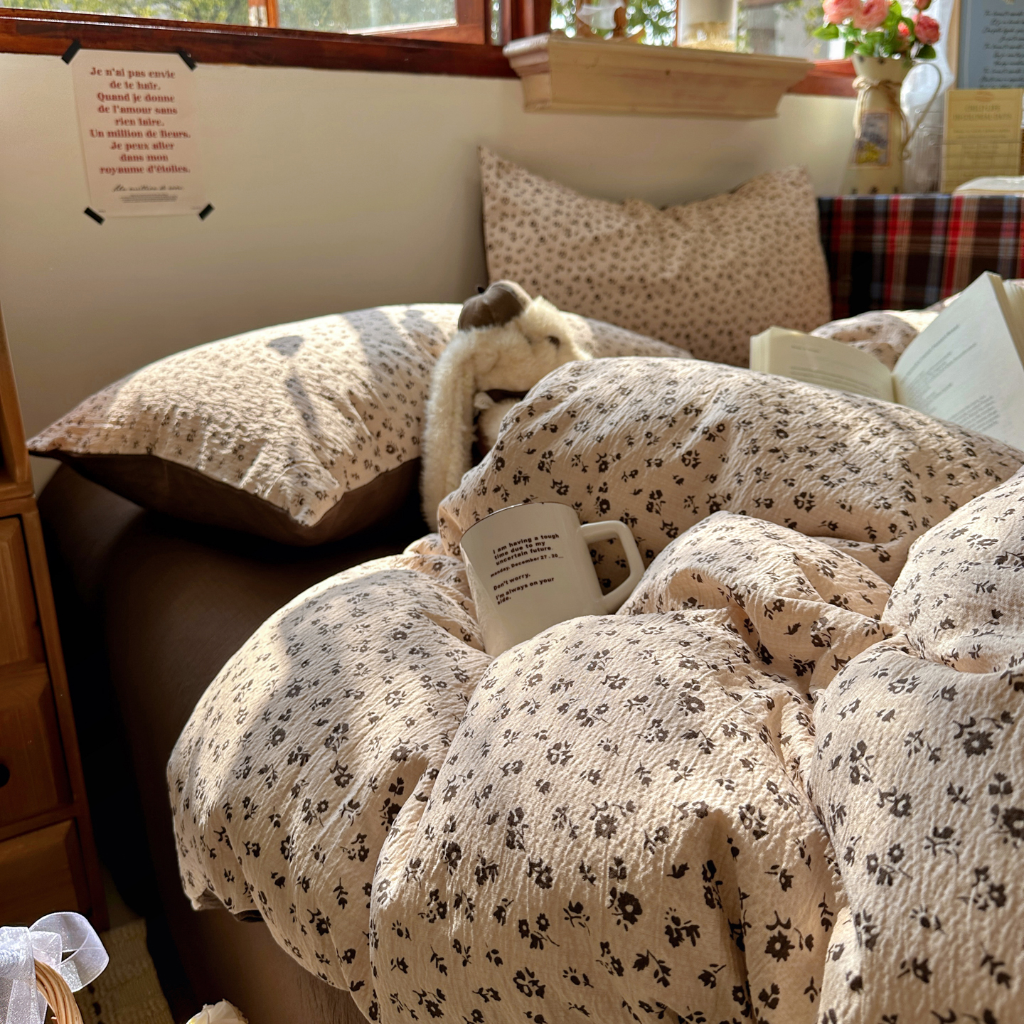 2026新款日韩系复古印花小碎花软糯贴肤慵懒伴眠超治愈的床单床笠款四件套（专版花型） 小印-木绵笺-驼