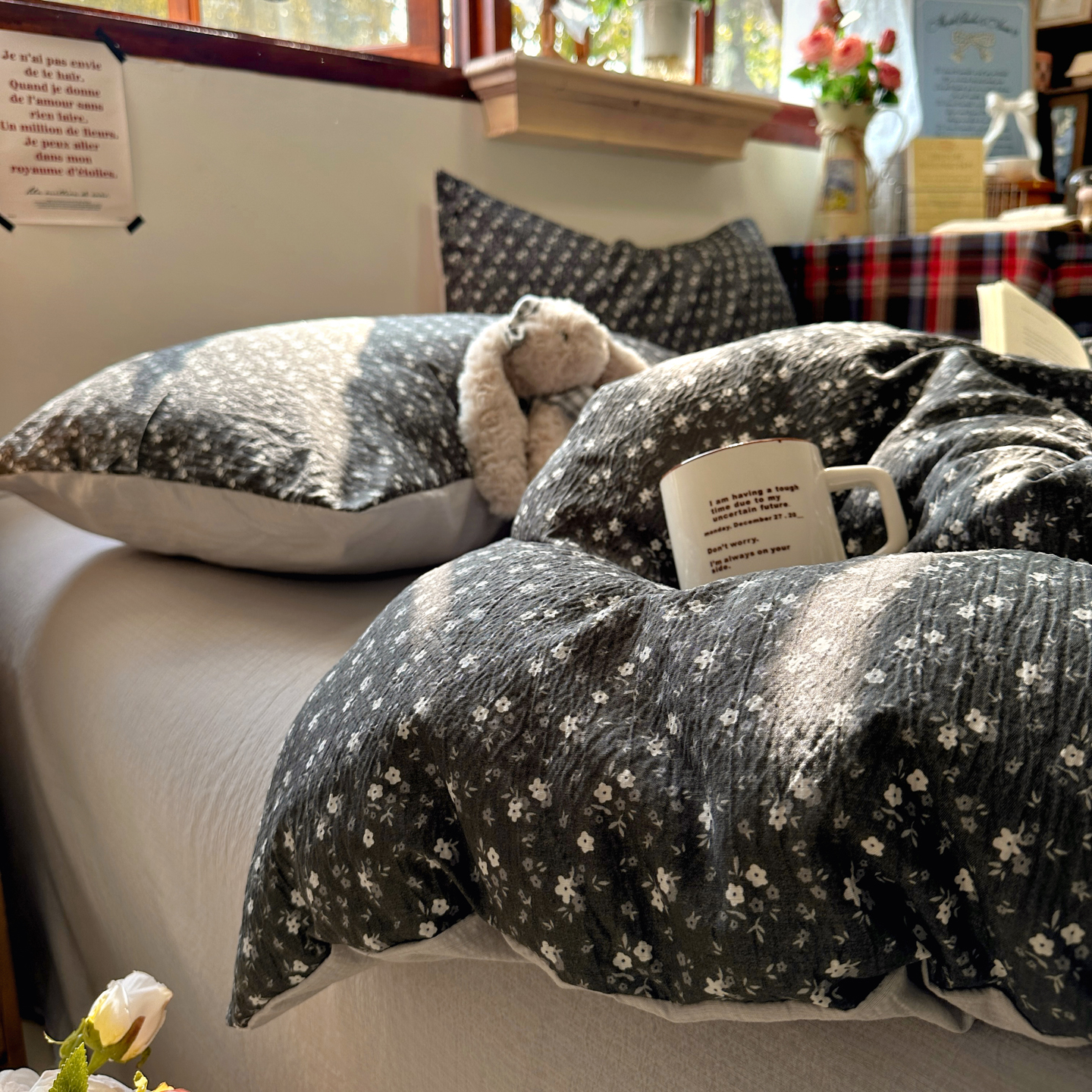 2026新款日韩系复古印花小碎花软糯贴肤慵懒伴眠超治愈的床单床笠款四件套（专版花型） 小印-松月间-灰