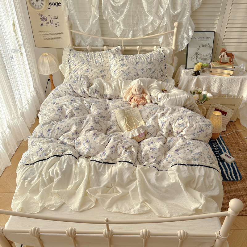 2025新款韩系法式慵懒氛围感印花泡芙花边四件套-樱花泡芙 樱花泡芙-原里蓝