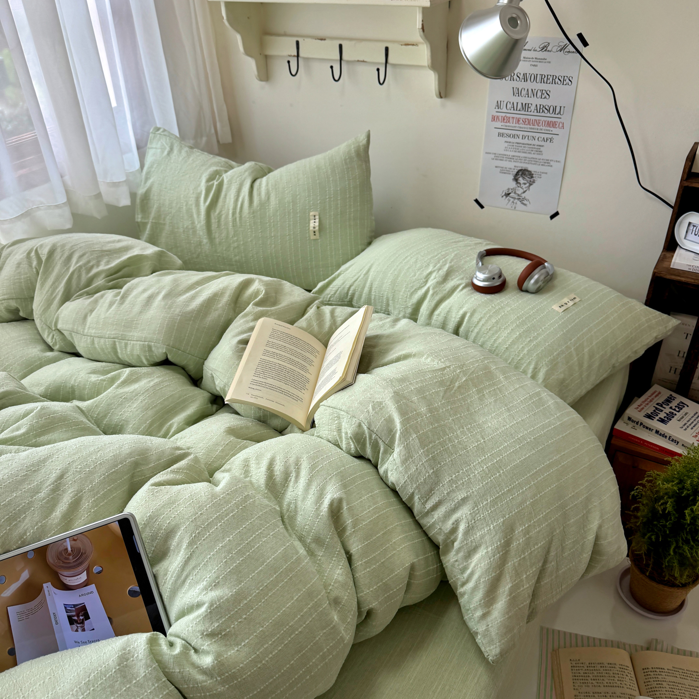 2026新款简约素色亚麻风纯色无印四件套-素然场景2 素然-浅绿