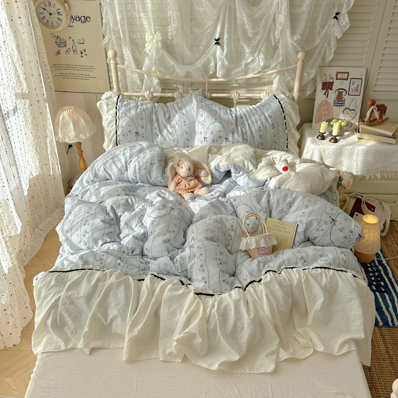 2025新款韩系法式慵懒氛围感印花泡芙花边四件套-樱花泡芙 樱花泡芙-香榭蓝