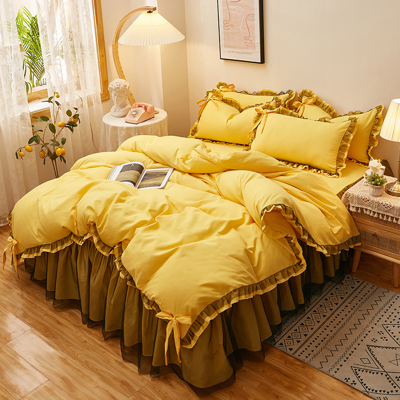 2021新款纯色磨毛床裙款四件套--悦色系列 1.5m床裙款四件套 悦色-亮黄