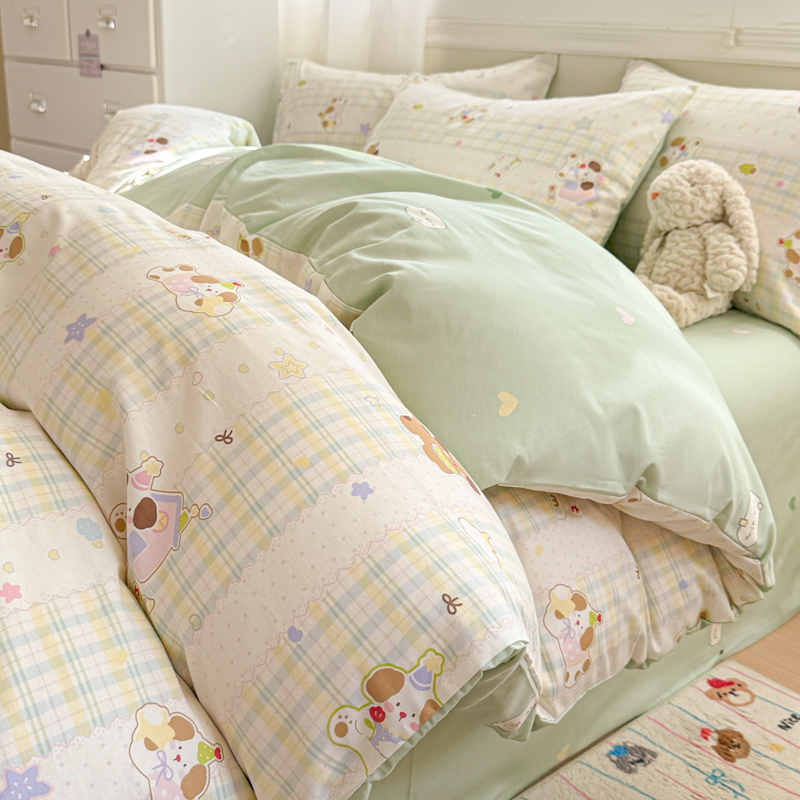 2025新款12868全棉印花四件套 格子小狗