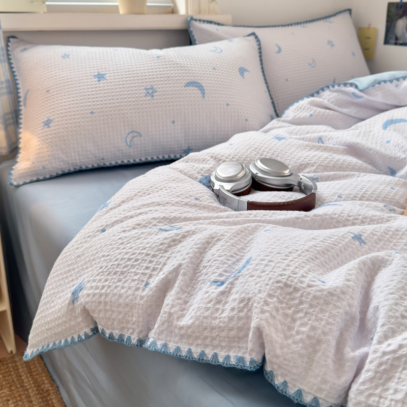 2026新款A类全棉华夫格提花贝壳边四件套 云梦星河-兰