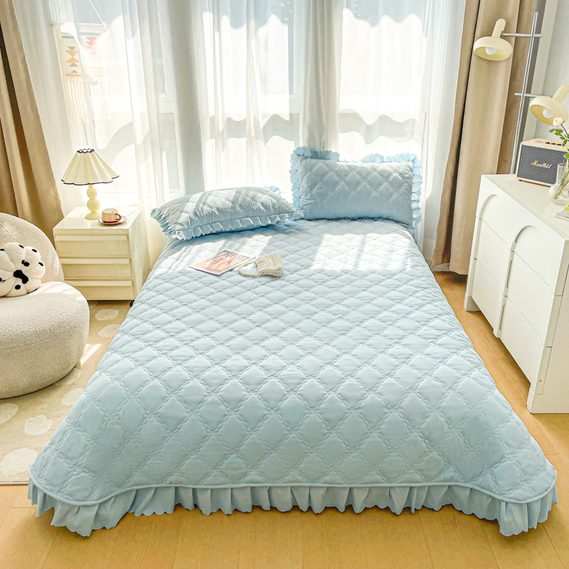2024新款磨毛夹棉系列床盖三件套 1.6*2.3m单床盖 天蓝