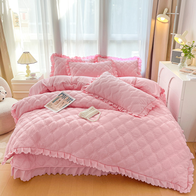 2024新款磨毛夹棉系列床盖四件套 1.6*2.3m床盖款四件套 粉色