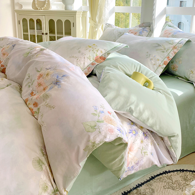 2026款1月新款铂金全棉13372四件套 星野花语-绿