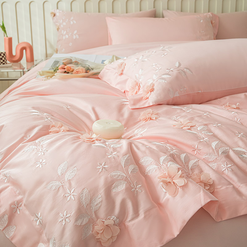 【立体绣花】100支贡缎长绒棉四件套全棉纯棉粉色公主风床单被套简约纯色床上用品 1.8m（6英尺）床单款 玛琪朵-落樱粉