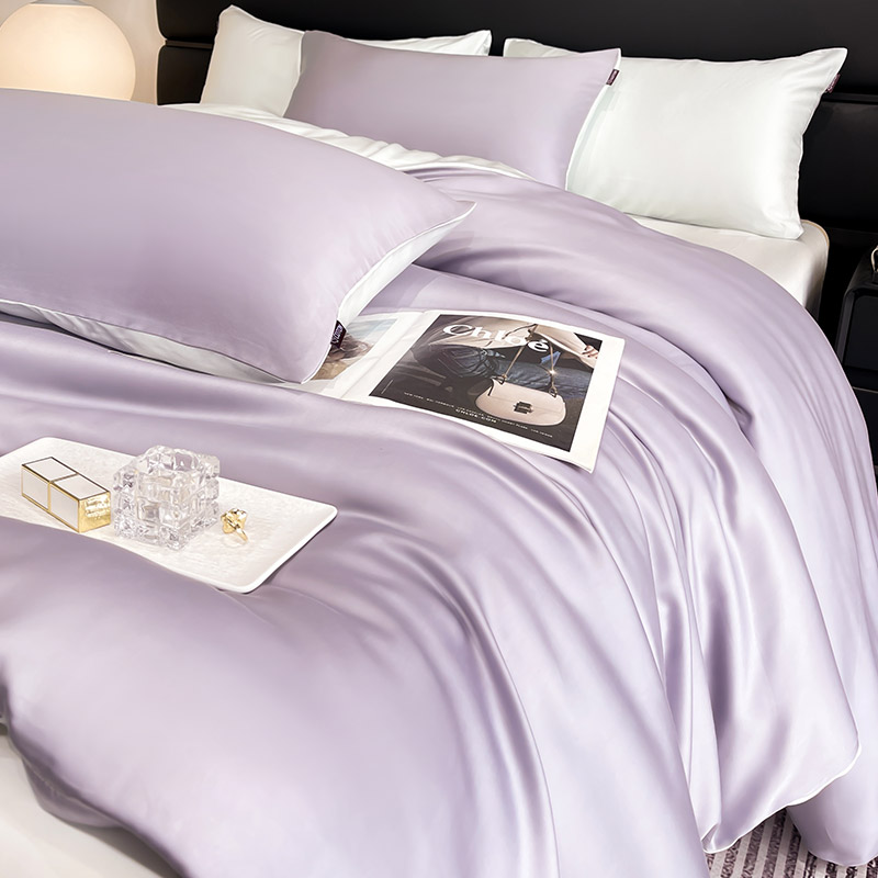 【A类100支兰精天丝】夏季轻奢风真丝四件套拼色纯色简约凉感冰丝绸床上用品 1.8m（6英尺）床 熏衣紫+奶昔白