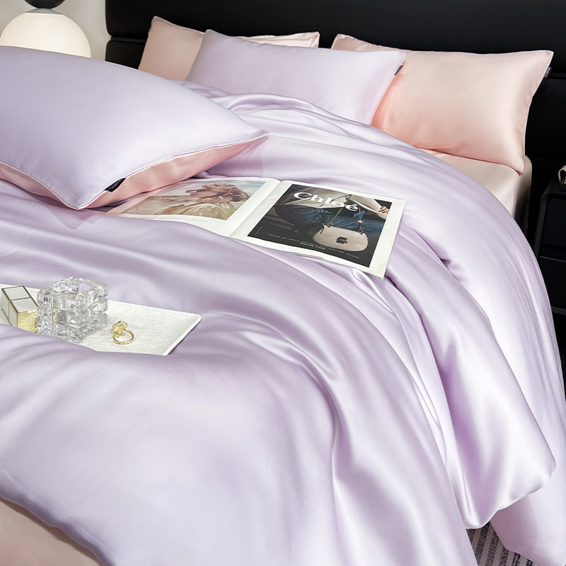 【A类100支兰精天丝】夏季轻奢风真丝四件套拼色纯色简约凉感冰丝绸床上用品 1.8m（6英尺）床 熏衣紫+樱花粉