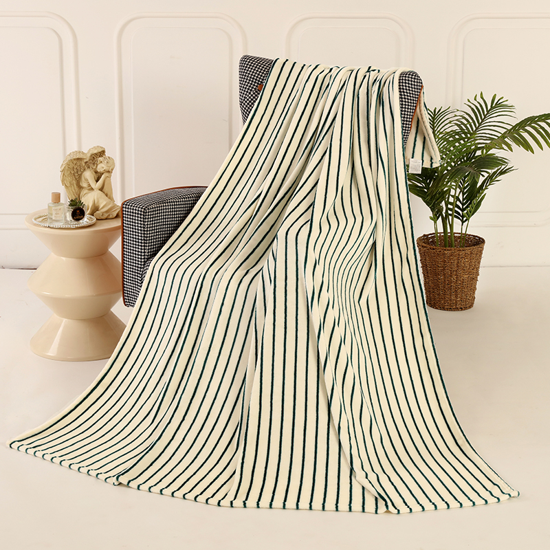 2023新款亲肤舒适法莱绒条纹毛毯 100x150cm 绿条纹