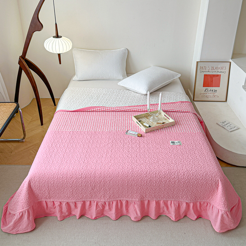 2024新款全棉色织拼接款床盖 200x230加花边230x250 粉色-