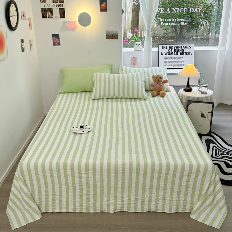 2024新款水洗棉中条纹系列单品及套件-单床单 160*220cm单床单 果绿中条