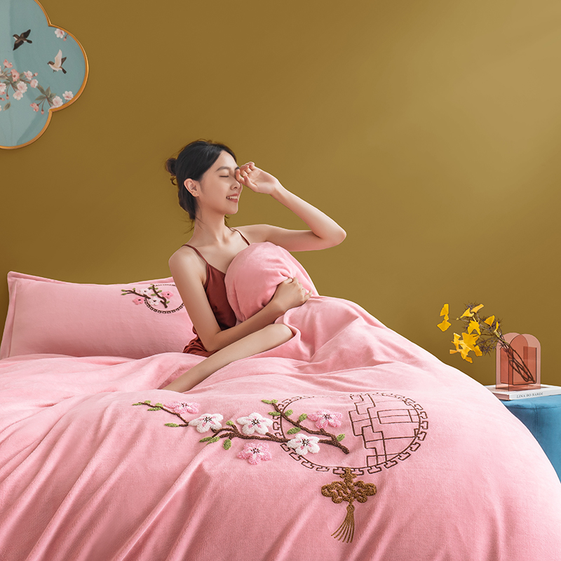 2021专版高克重纯色刺绣牛奶绒法莱绒宝宝绒德芙绒丽丝绒水晶绒保暖四件套 1.2m床单款三件套 1.2m床单款三件套 粉色