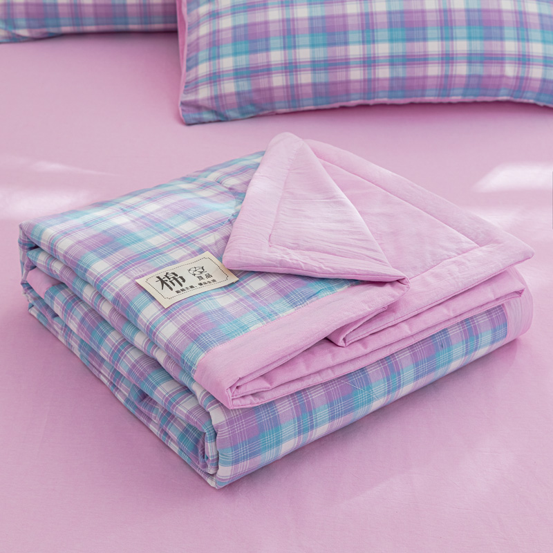 2023新款色织水洗棉全棉夏凉被四件套单夏被 1.8×2.2m单夏被 粉紫网格