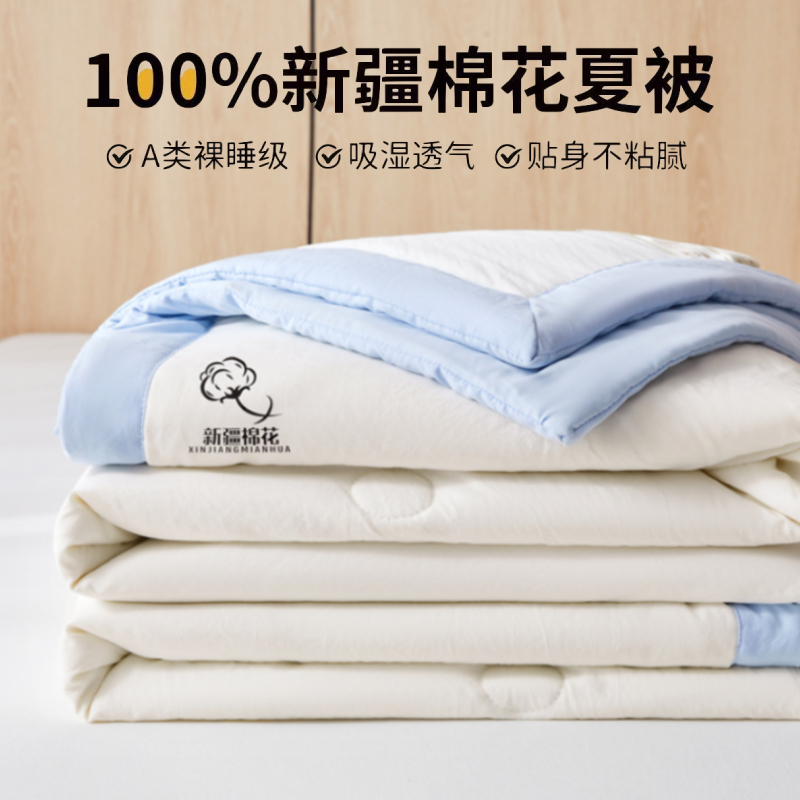 2025新款纯色撞色100%棉花填充夏被夏凉被空调被夏季可机洗薄被子被芯 100*150cm 天蓝+奶白