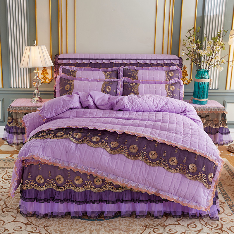 2021新款高密度磨毛色布富丽花都刺绣蕾丝床裙系列—四件套 1.5m床裙款四件套 紫色