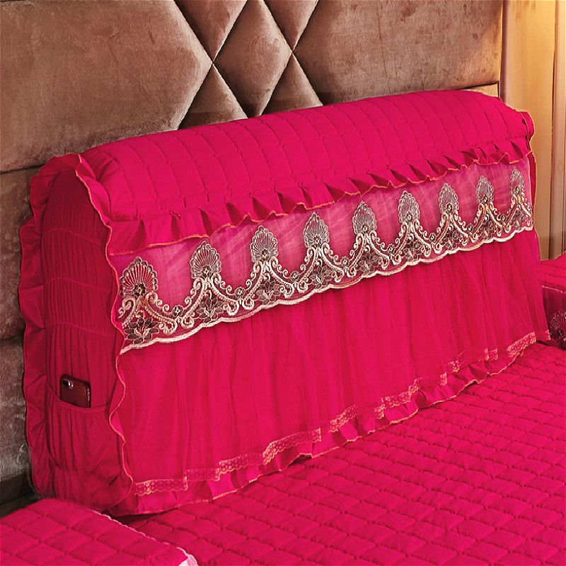 2021新款凤尾花刺绣蕾丝床裙夹棉系列—床头罩 1.8m床头 凤尾花玫红色