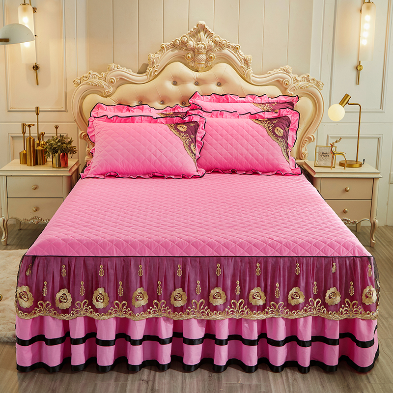 2021新款全棉13372面料夹棉单床裙 150*200cm+枕套一对 粉色