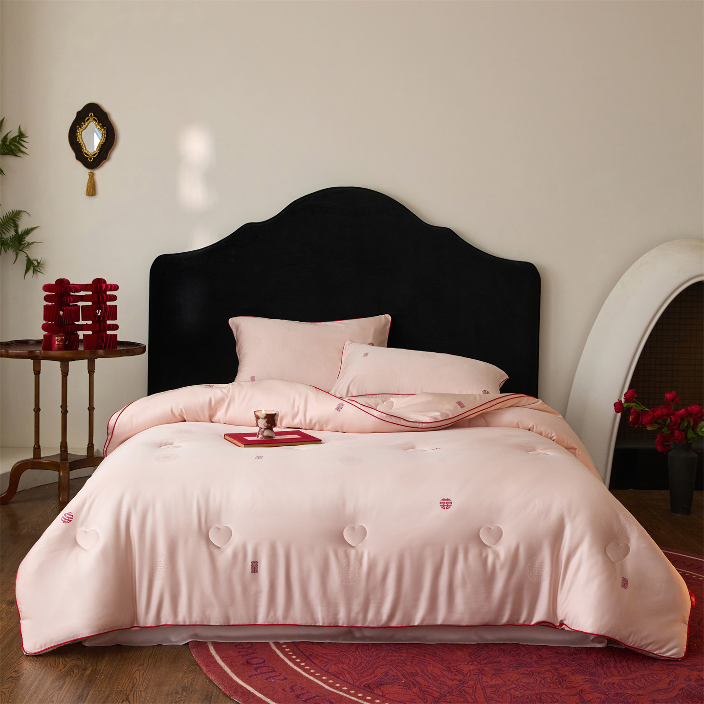 2025新款天棉缎剪花婚庆大提花55莱赛尔大豆7A抗菌秋冬被子被芯（空镜图） 吾家有喜-嫩粉