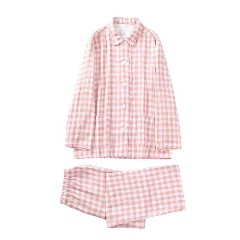 2022新款全棉双层纱睡衣 M码 005-粉红色格子（女款）