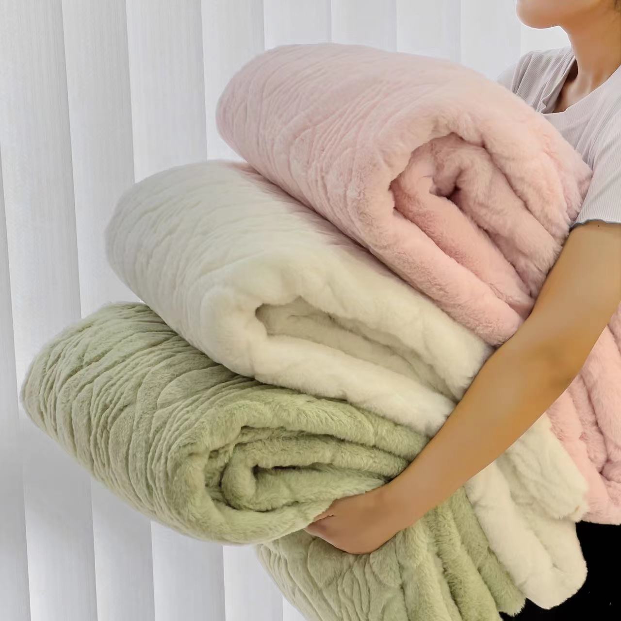 2023秋冬新款高克重兔毛毛毯三件套-语嫣系列 100x150cm毛毯 语嫣豆沙