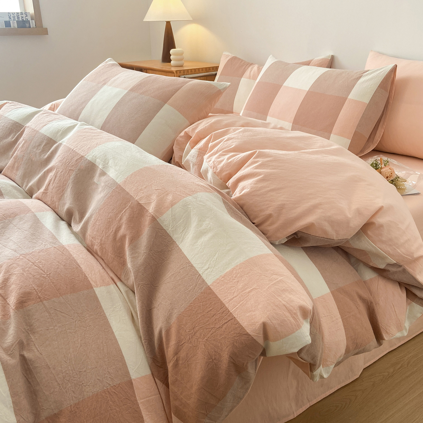 2025新款全棉格子四件套 蜜粉大格+粉玉