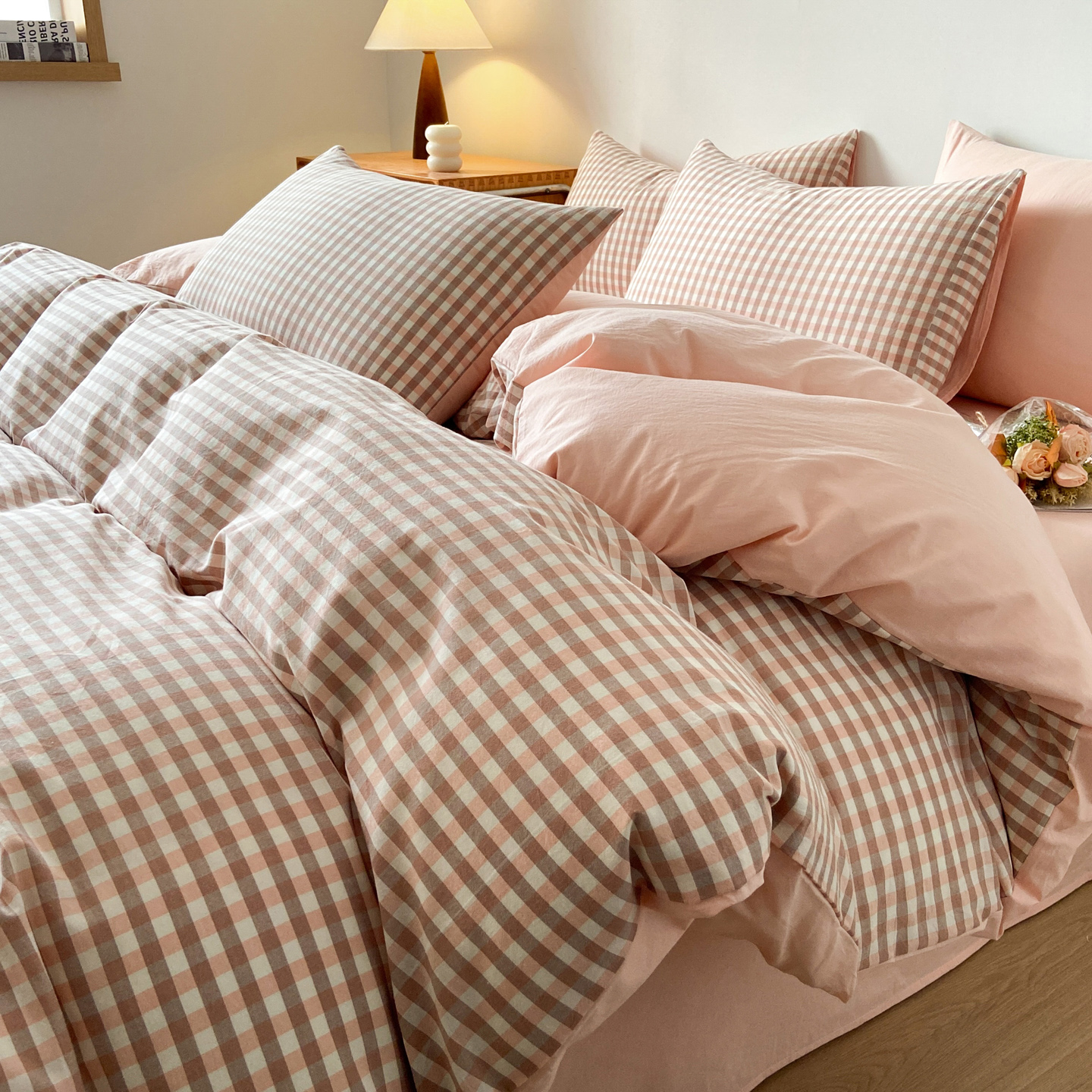 2025新款全棉格子四件套 玉小格+粉玉