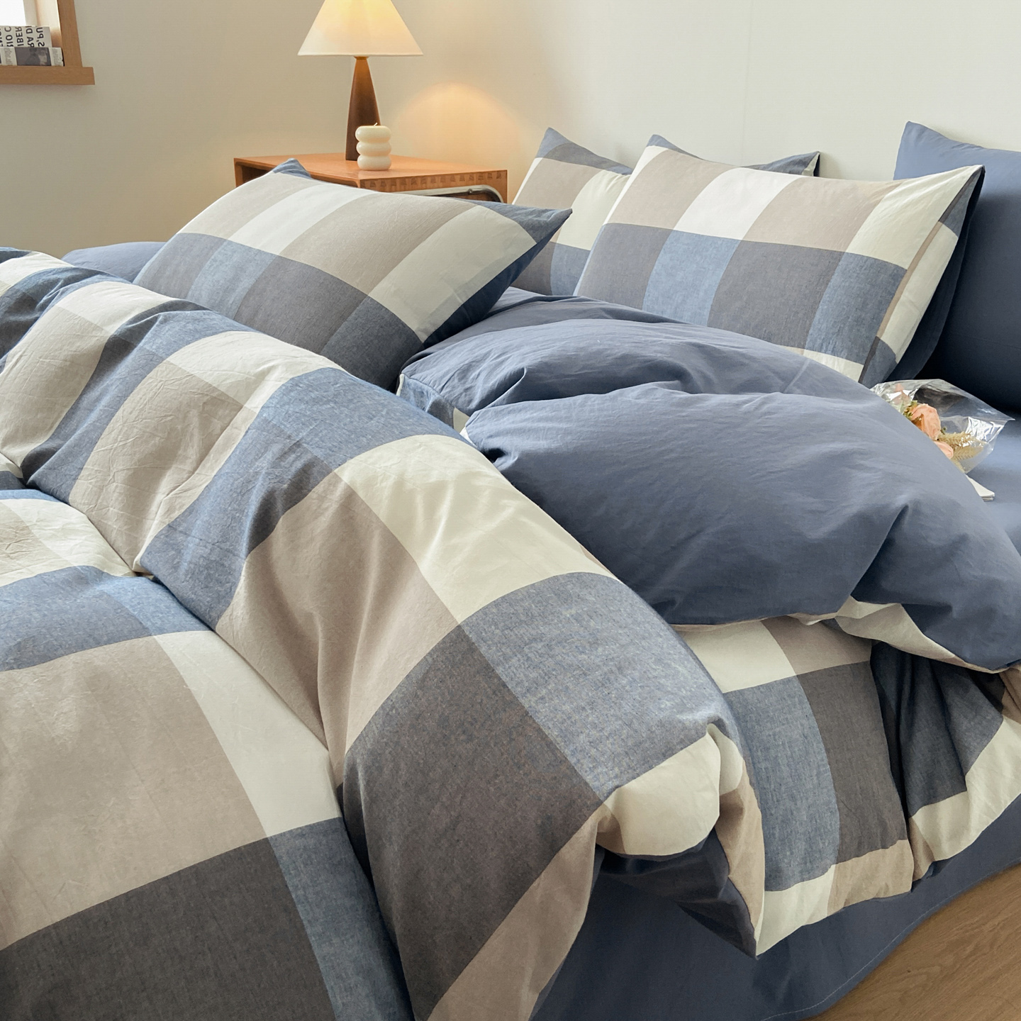 2025新款全棉格子四件套 蓝大格+宾利蓝