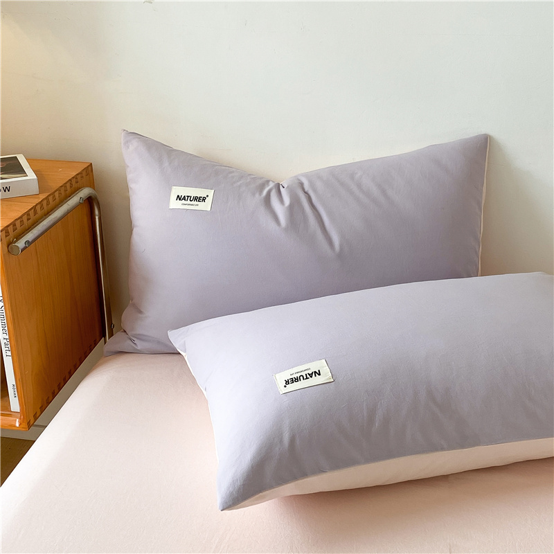 2023新款A类全棉水洗棉纯色贴标款单枕套 枕套48*74cm/对 贴标-浅紫+奶油粉