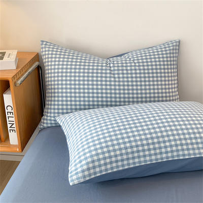 2023新款全棉水洗棉色织格子系列单枕套 枕套48*74cm/对 蓝小格