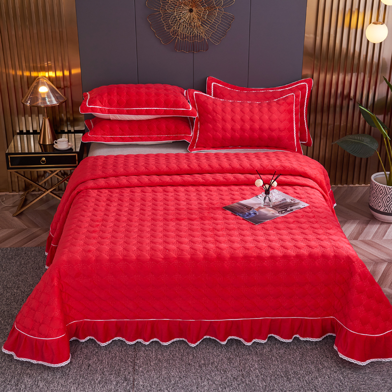 2021新款水晶绒牛奶绒保暖速热绗缝夹棉床盖 2.5*2.5m单床盖 千禧-红