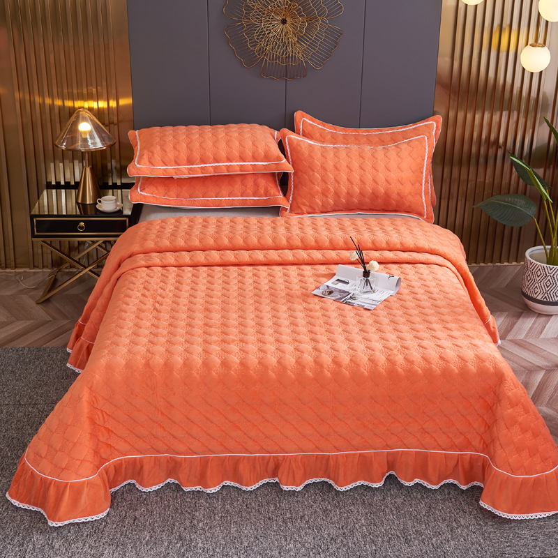 2021新款水晶绒牛奶绒保暖速热绗缝夹棉床盖 2.5*2.5m单床盖 秋意-橙