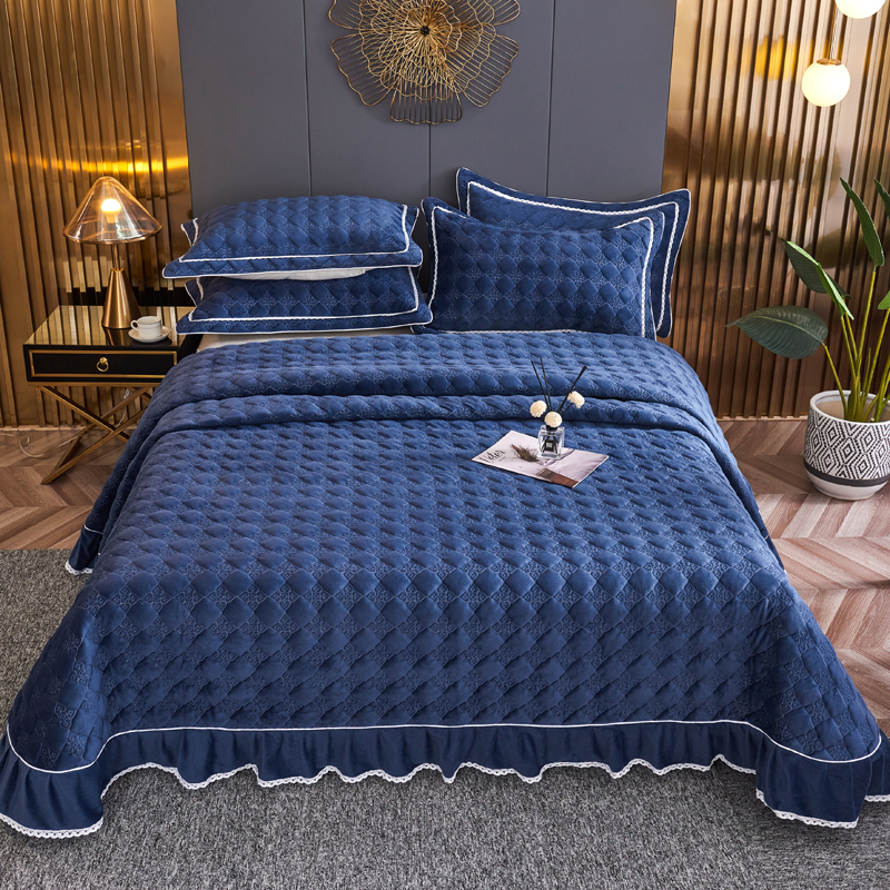 2021新款水晶绒牛奶绒保暖速热绗缝夹棉床盖 2.5*2.5m单床盖 深海-蓝