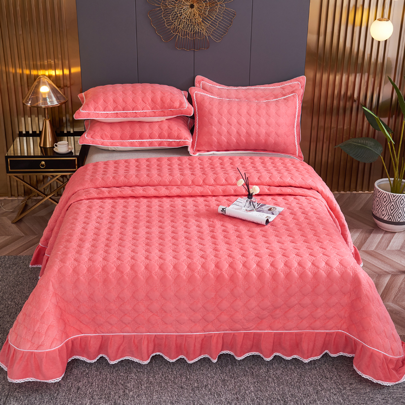 2021新款水晶绒牛奶绒保暖速热绗缝夹棉床盖 2.5*2.5m单床盖 胭脂-粉